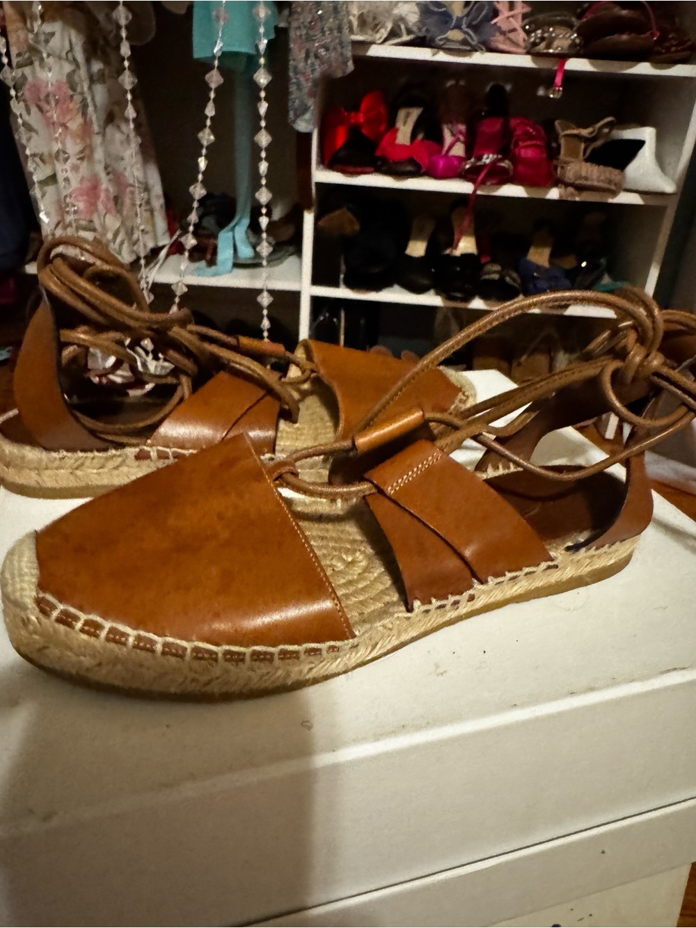 Jimmy Choo Tan Leather Lace-Up Espadrille Sandals